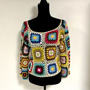 NWT‼️En Creme Crochet Granny Square Boho Sweater -One Size (S/M)
